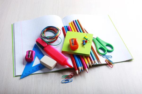 School supplies on desk, close-up — Stock Photo, Image