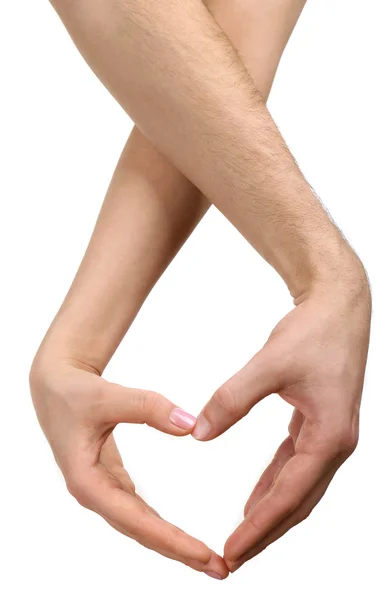 Heart shaped by male and female hands isolated on white — Stock Photo, Image