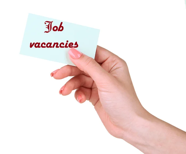 Job Vacancies tekst op kaart in hand geïsoleerd op wit — Stockfoto