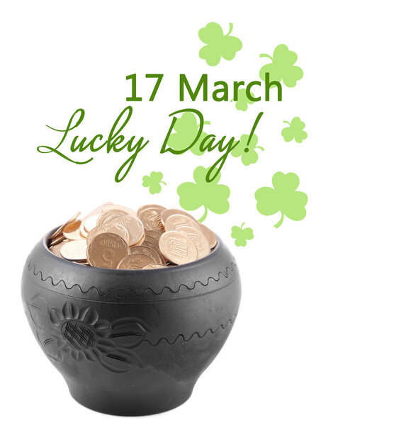 Золотые монеты в керамическом горшке, сокровища лепрекона, поздравительная открытка на день Святого Патрика
