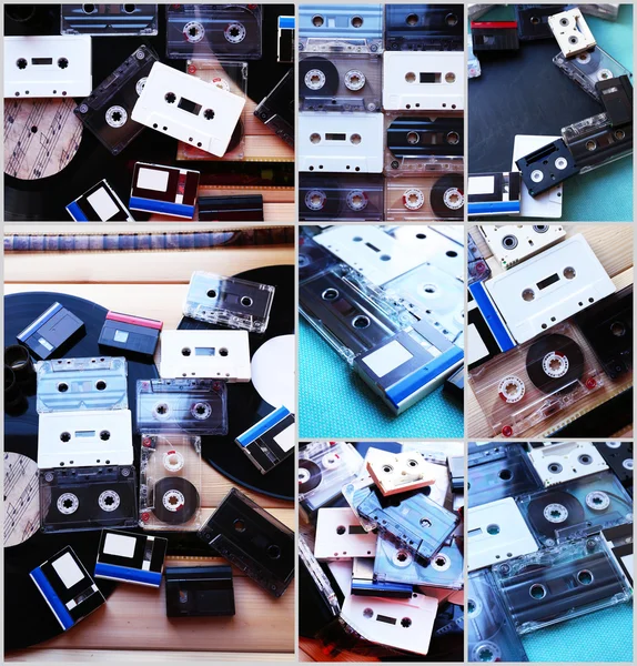复古的录音带和拼贴的黑胶唱片的集合 — 图库照片