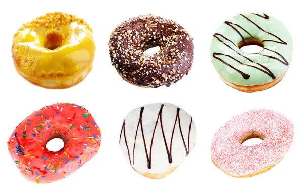 Heerlijke donuts collage, geïsoleerd op wit — Stockfoto