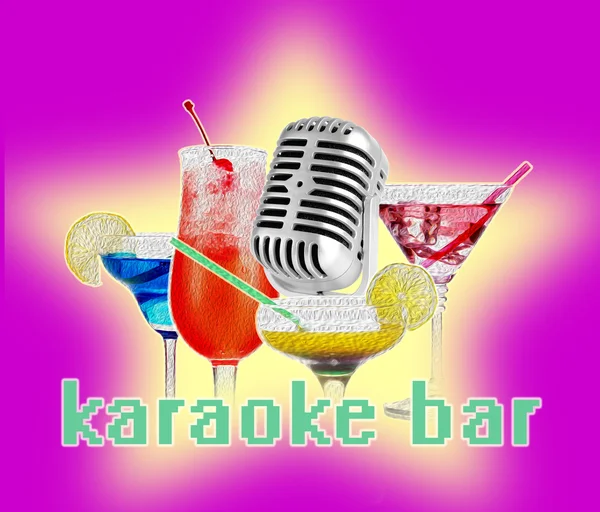 Retro microfoon en cocktails op felle kleur achtergrond, Karaoke bar concept — Stockfoto