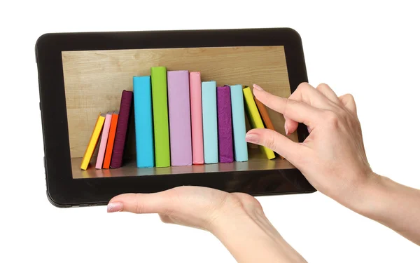 Conceito de e-learning. Biblioteca digital - livros dentro tablet isolado em branco — Fotografia de Stock