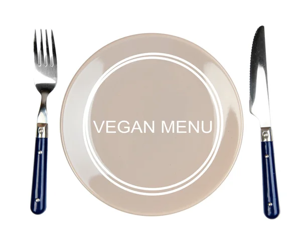 Plate with text Vegan Menu, fork and knife isolated on white — Stock Photo, Image