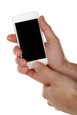 Mobil akıllı telefon üzerinde beyaz izole holding eller