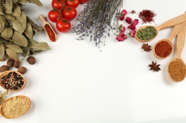 Farklı baharatlar ve otlar tahta kaşıklar üzerinde beyaz izole