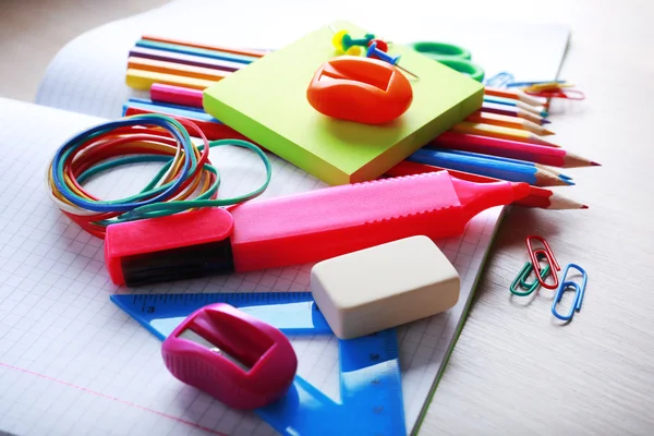 School supplies on desk, close-up — Stock Photo, Image