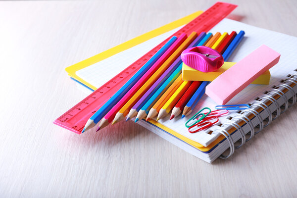School supplies on desk, close-up