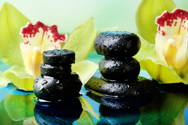 Piedras de spa con gotas de agua y hermosa orquídea en flor en agua sobre fondo natural — Foto de Stock