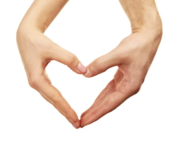 Coração moldado por mãos masculinas e femininas isoladas em branco — Fotografia de Stock