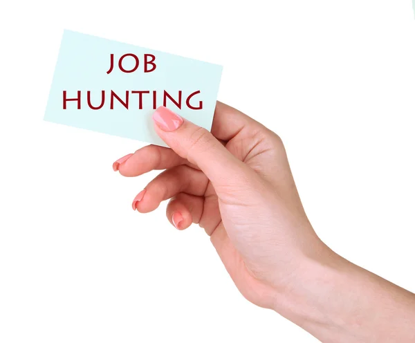 Jobbsökandet text på kortet i handen isolerad på vit — Stockfoto