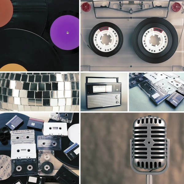 Вінілові записи, аудіокасети, мікрофон та радіо набір у колажі — стокове фото