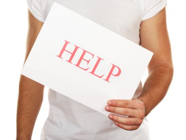 Kağıdın yardımıyla erkek elinde beyaz izole işareti