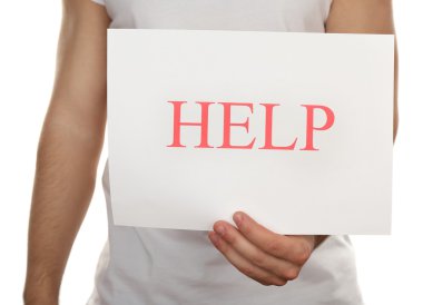 Kağıdın yardımıyla erkek elinde beyaz izole işareti