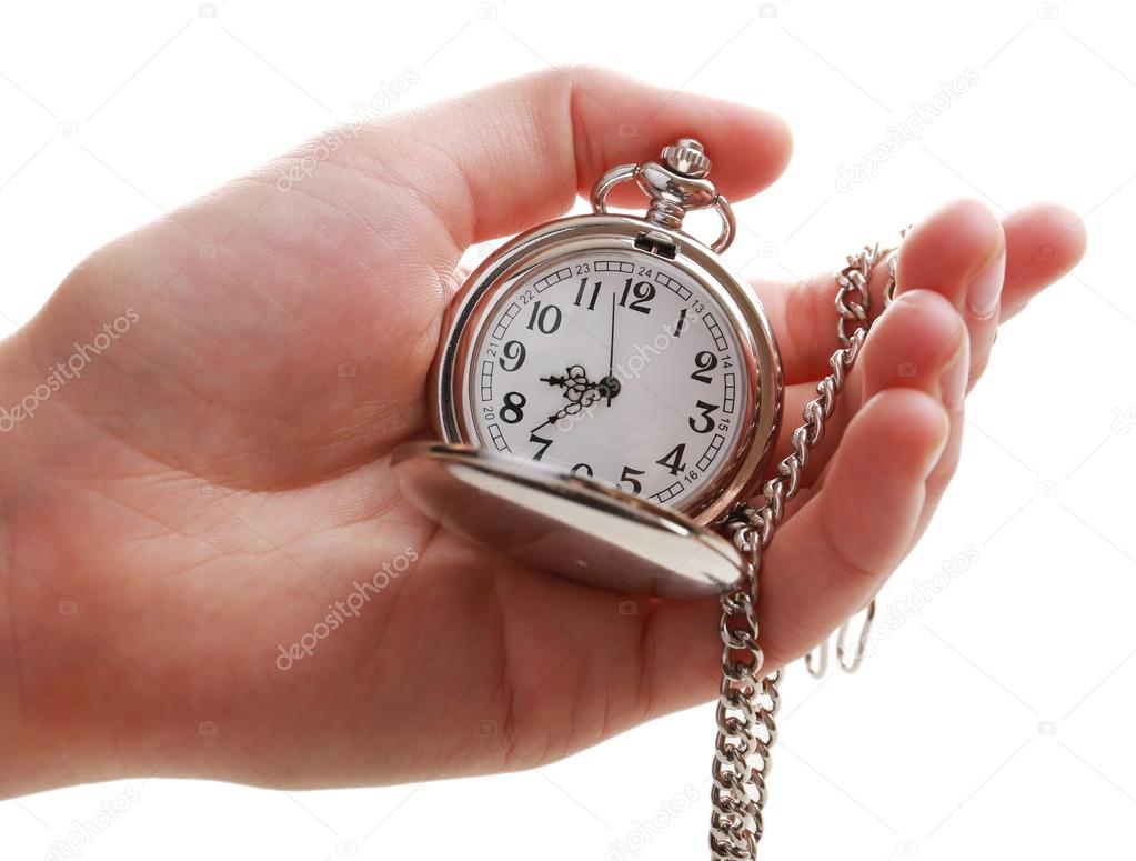 Silver pocket clock in hand
