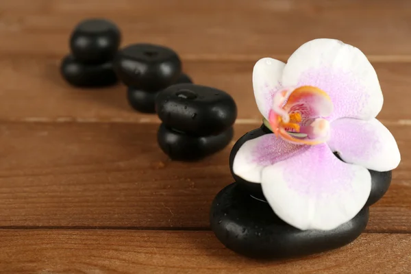 Spa stones with orchid on wooden background — Stock Photo, Image