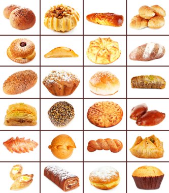 Kolaj farklı hamur işleri ve ekmek öğeleri, üzerinde beyaz izole