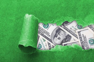 Dollars through torn green paper clipart