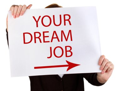 Your Dream iş metin poster üzerinde tutan genç iş kadını