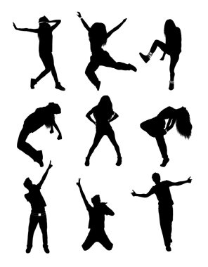 İnsanlar üzerinde beyaz izole dans siluetleri