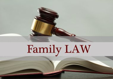 Judge's gavel on book and Family LAW text on gray background clipart