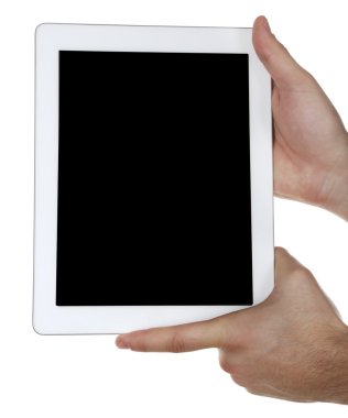 tablet pc beyaz izole tutan eller