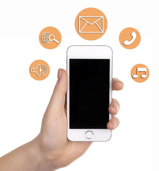 Smart-telefoon in de hand en de knoppen rond geïsoleerde op wit — Stockfoto