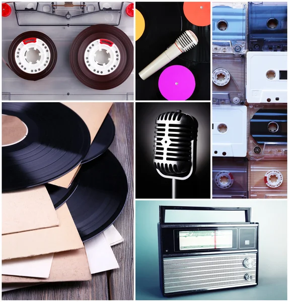 Schallplatten, Audiokassetten, Mikrofon und Radio in Collage — Stockfoto