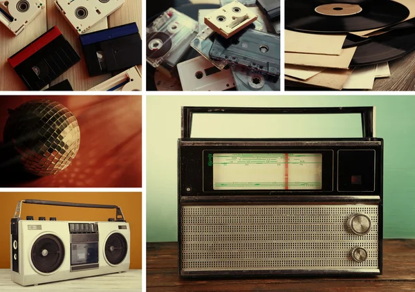 Disques vinyles, cassettes audio, microphone, magnétophone et poste de radio en collage — Photo