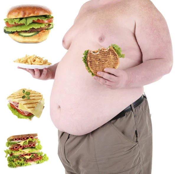 Концепція здоров'я. Жирний чоловік і фастфуд, ізольовані на білому — стокове фото