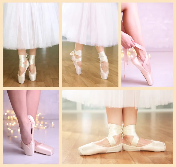 Collage van ballerina benen in pointes kunnen teweegbrengen in dansen hall — Stockfoto