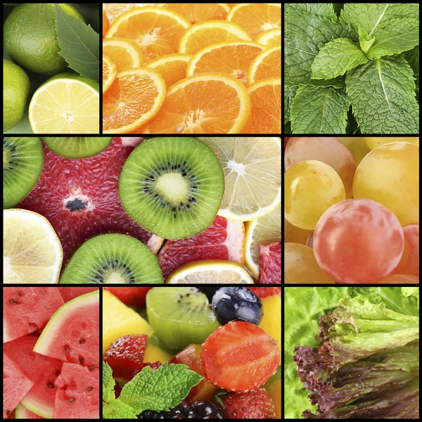 Fruits and greens in colorful collage — Stock Photo, Image