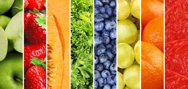 Φρούτα, μούρα και χόρτα σε πολύχρωμα κολάζ — Φωτογραφία Αρχείου