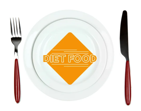 Diéta élelmiszer, Villa és kés, elszigetelt fehér szöveggel lemez — Stock Fotó