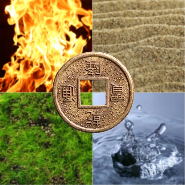 Collage del Feng Shui ciclo destructivo con cinco elementos (agua, madera, fuego, tierra, metal ) —  Fotos de Stock