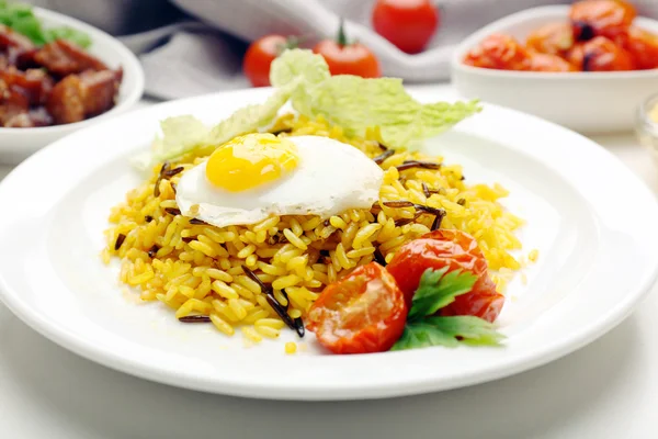 Tasty rice served on table, close-up — Stock Photo, Image