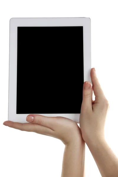 Mani che tengono tablet pc Isolato su bianco — Foto Stock