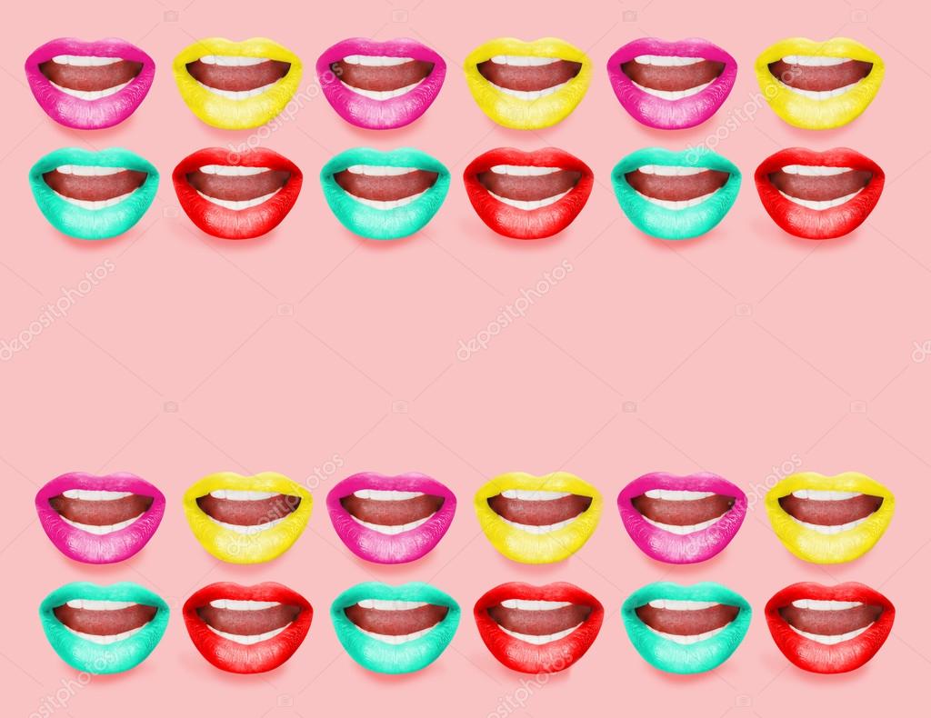 Space for your text in frame made of open mouths with bright lipstick, Karaoke concept