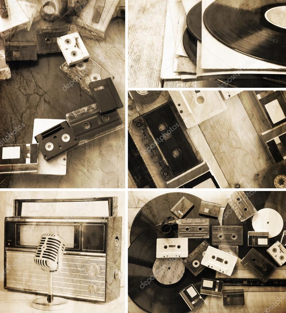 Vinyl records, audio cassettes, microphone and radio set in collage