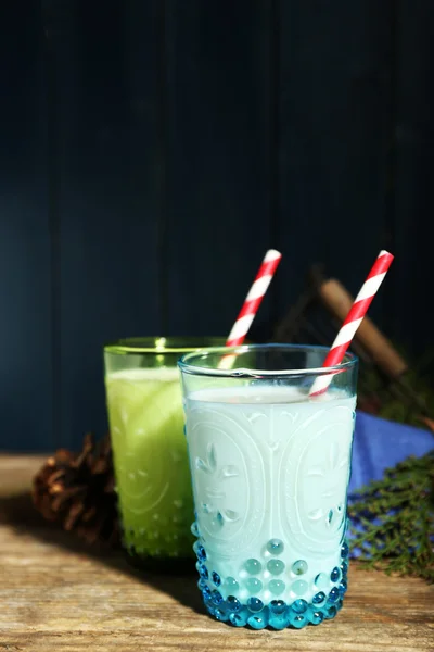 Fresh milk with natural decor, on wooden background — Stock Photo, Image