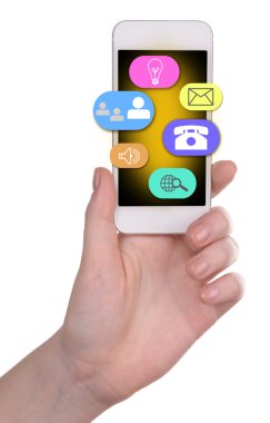 Akıllı telefon el ve üzerinde beyaz izole düğmeler simgeler