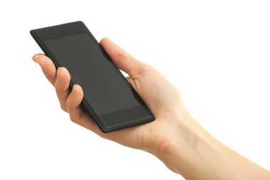 El beyaz izole mobil akıllı telefon tutarak