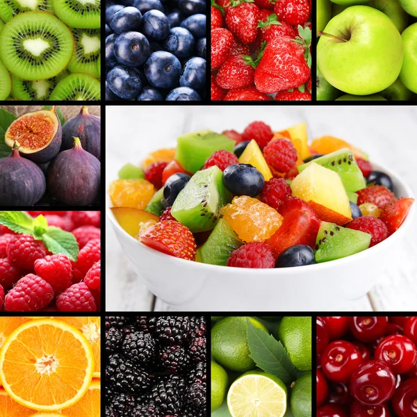 Früchte und Beeren in farbenfroher Collage — Stockfoto