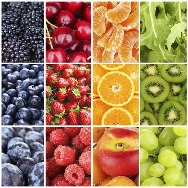 Fruits, berries and greens in colorful collage — Stock Photo, Image