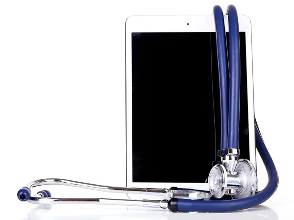 Tablet e estetoscópio azul isolados sobre branco — Fotografia de Stock