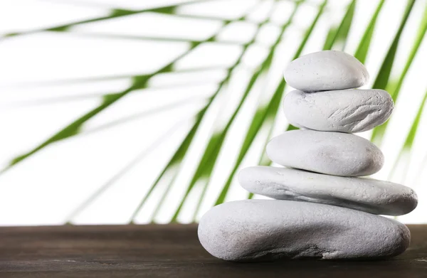 Stilleven van spa stenen op houten oppervlak met palmtak geïsoleerd op wit — Stockfoto