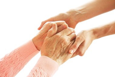 Yaşlı ve genç beyaz izole elele