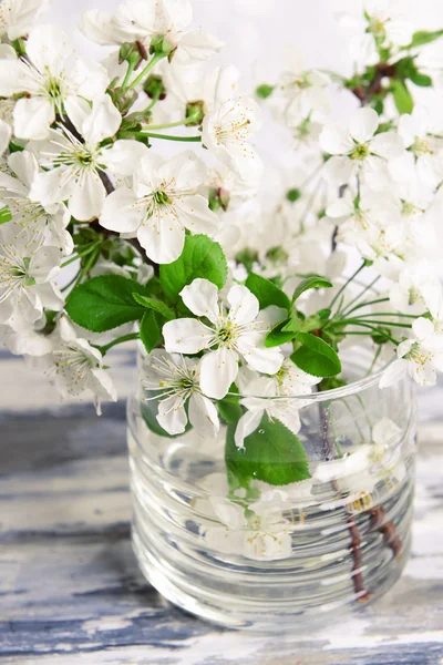 Beautiful fruit blossom in jar on table on grey background — Stock Photo, Image