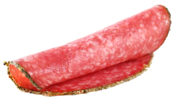 Rebanada de salami aislada sobre fondo blanco — Foto de Stock